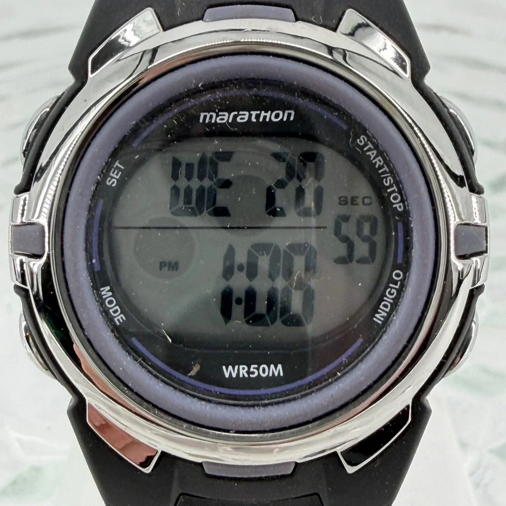 Marathon Digital Watch 24hr Stopwatch Alarm WR50M Indiglo Night Light Blk‎ Strap
